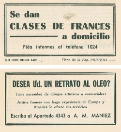 Petites annonces publiées par Maniez, Costa Rica ? années 1950 ?